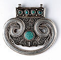 Lobed Plaque, Silver; chased, with filigree and decorative wire, slightly domed turquoises, and wax turquoise replacement